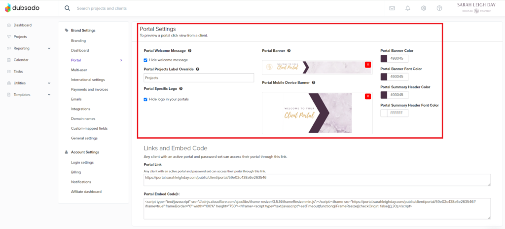 Dubsado client portal settings