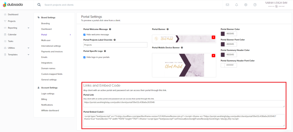 Dubsado client portal settings